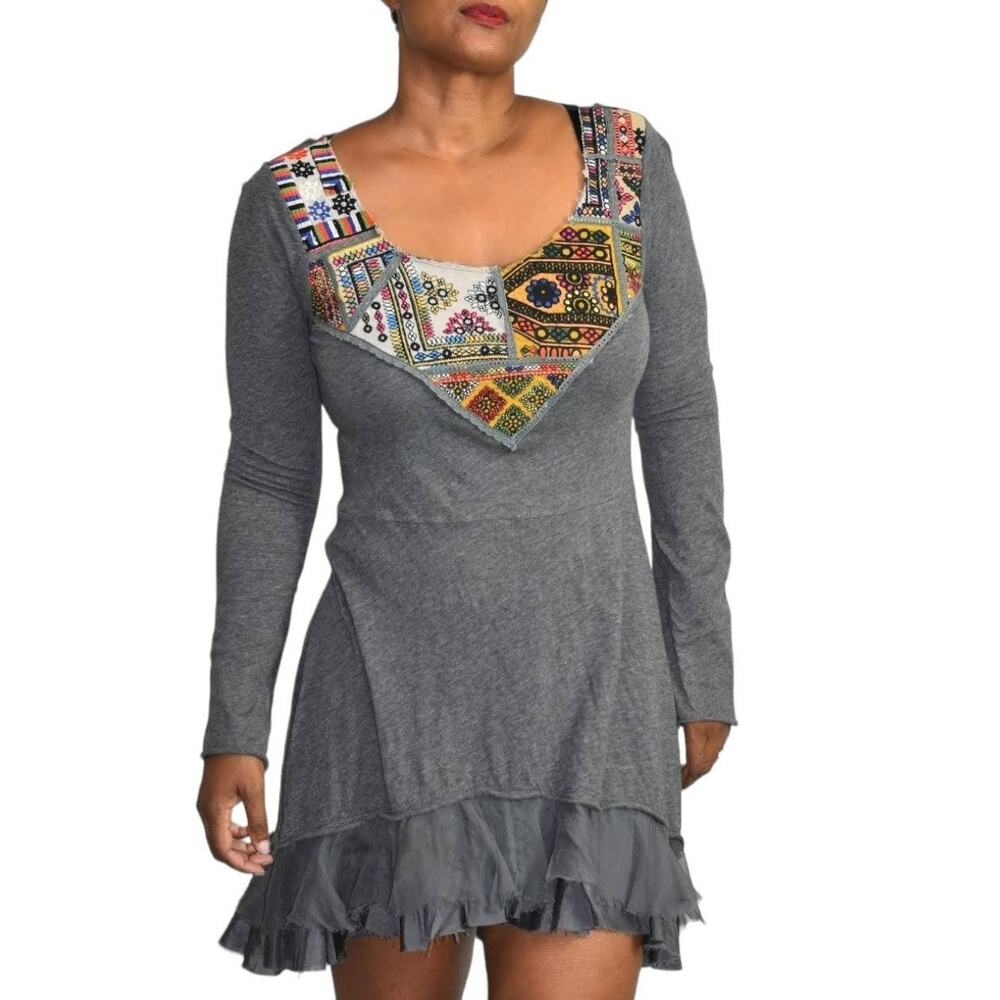 Johnny Was 4 Love Liberty Dress Gray Tunic Top Patchwork Embroidery Ruffle Small
